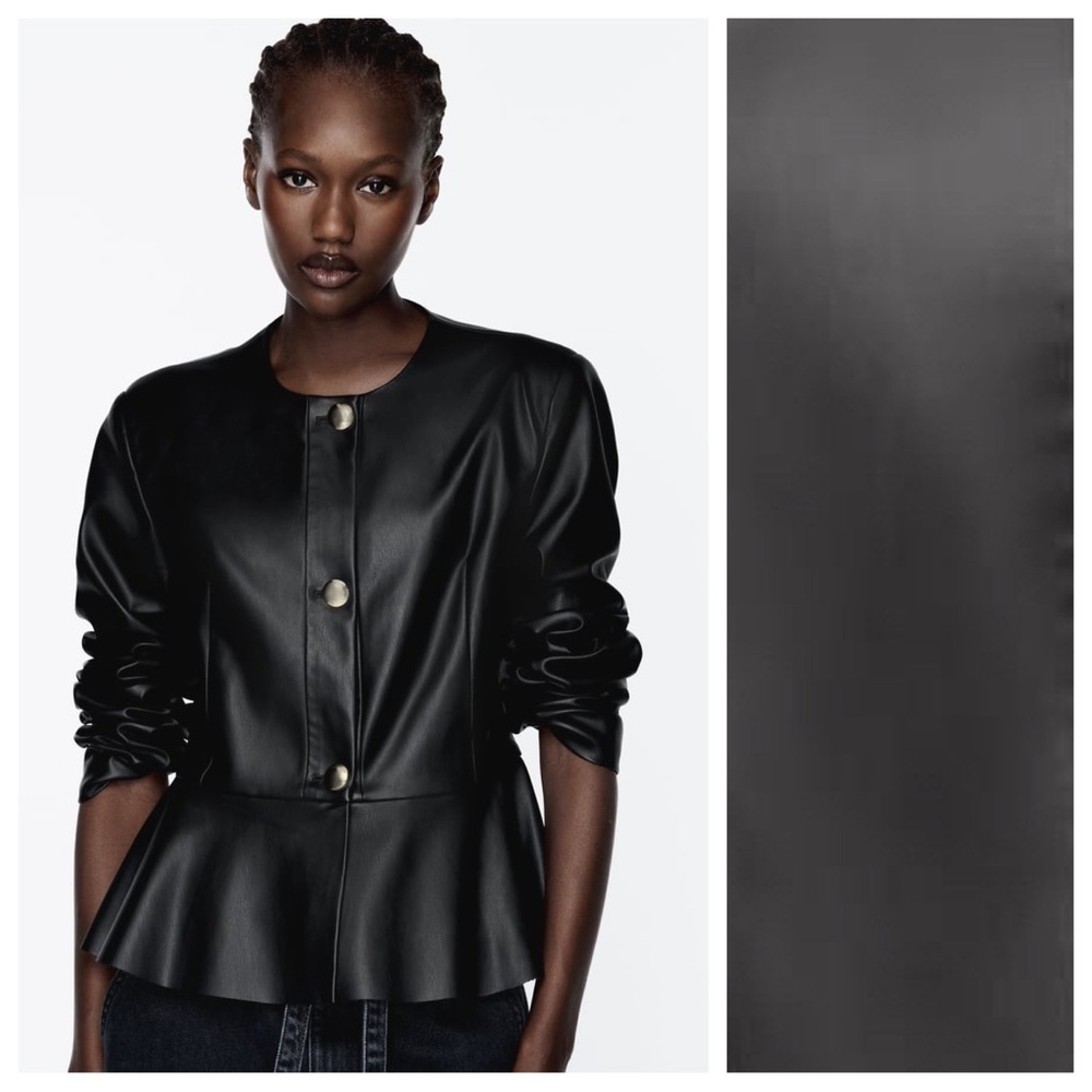 NWT. Zara Black Faux Leather Peplum Blazer/Jacket. Size S.